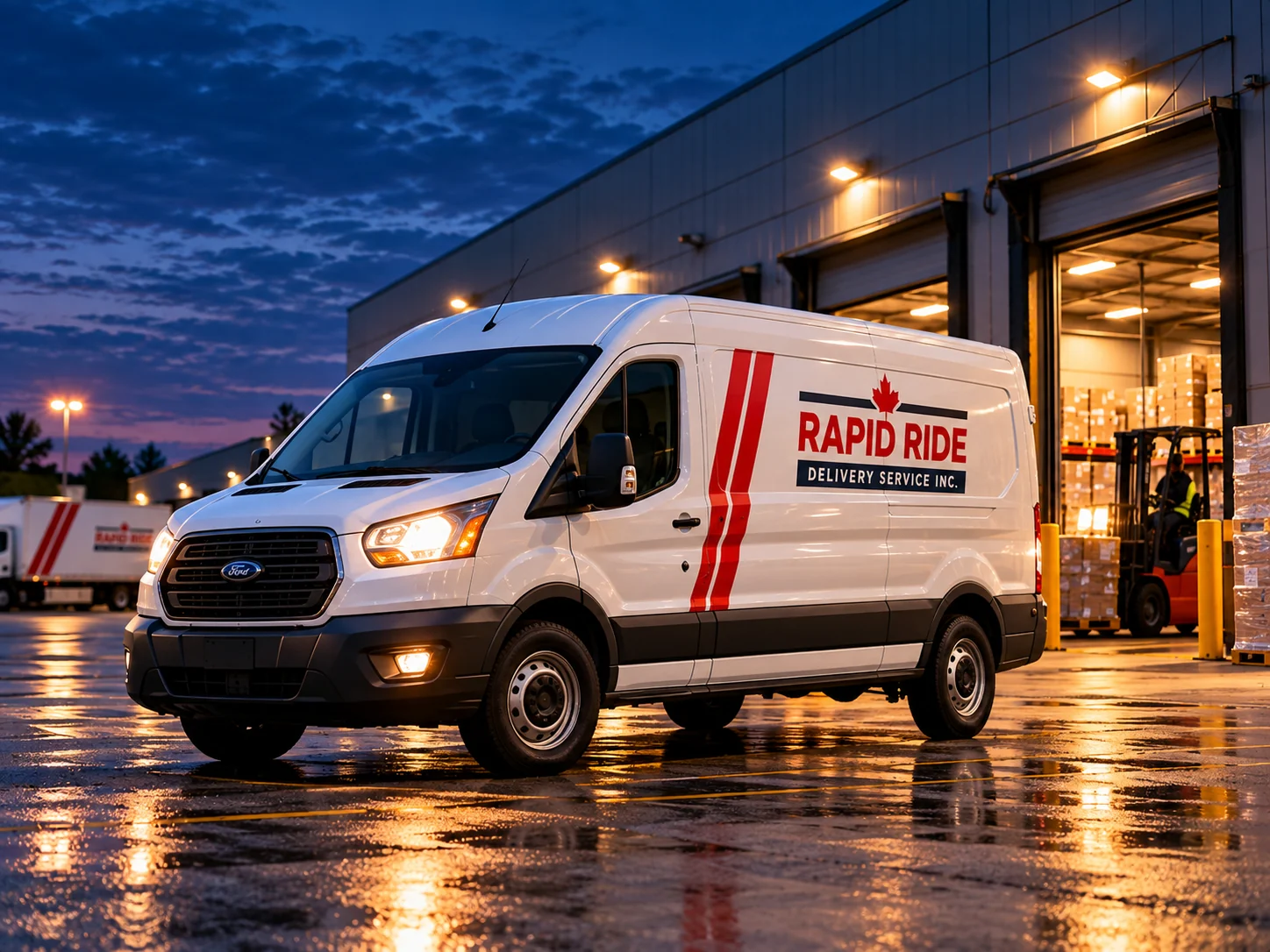Rapid Ride cargo van at a warehouse dock at dusk