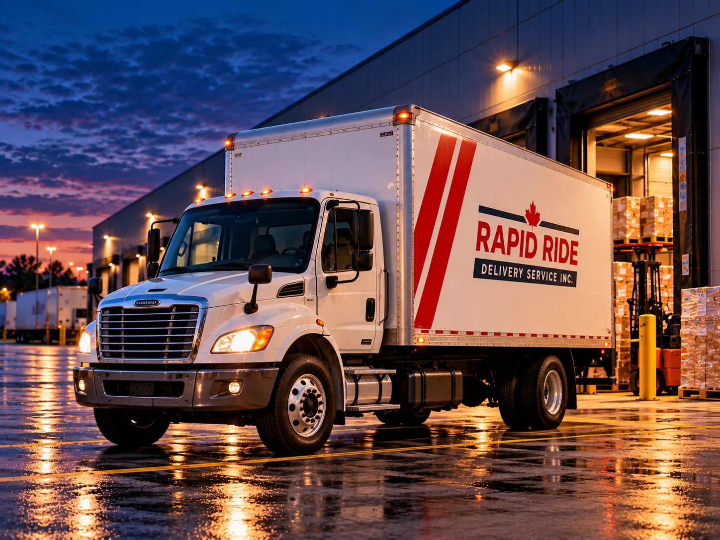 Rapid Ride straight truck at a warehouse dock at dusk