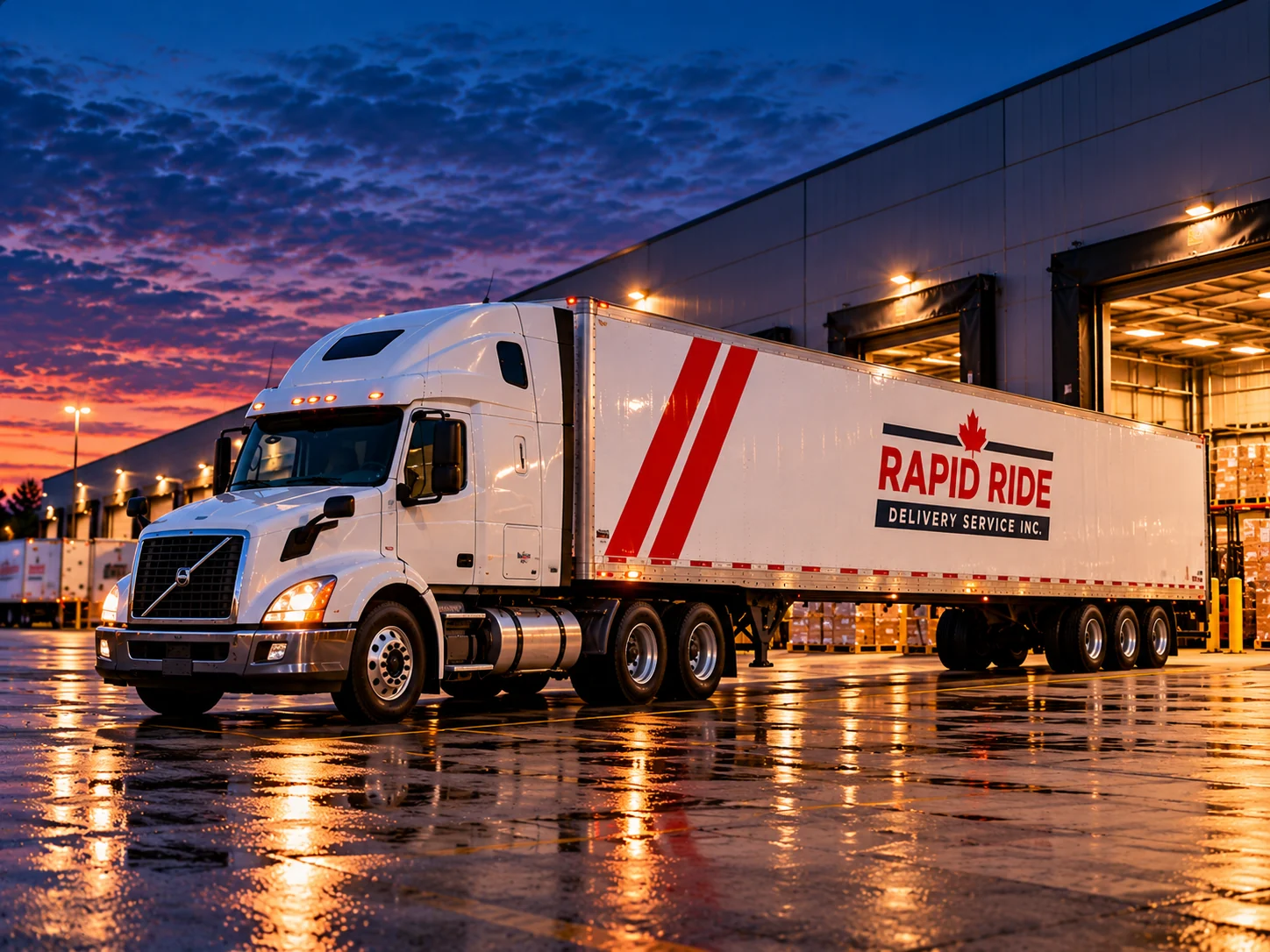 Rapid Ride 53-foot tractor trailer at a warehouse dock at dusk