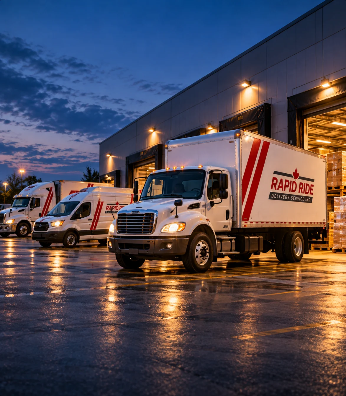 Rapid Ride straight truck, cargo van and tractor parked at a lit warehouse dock at dusk