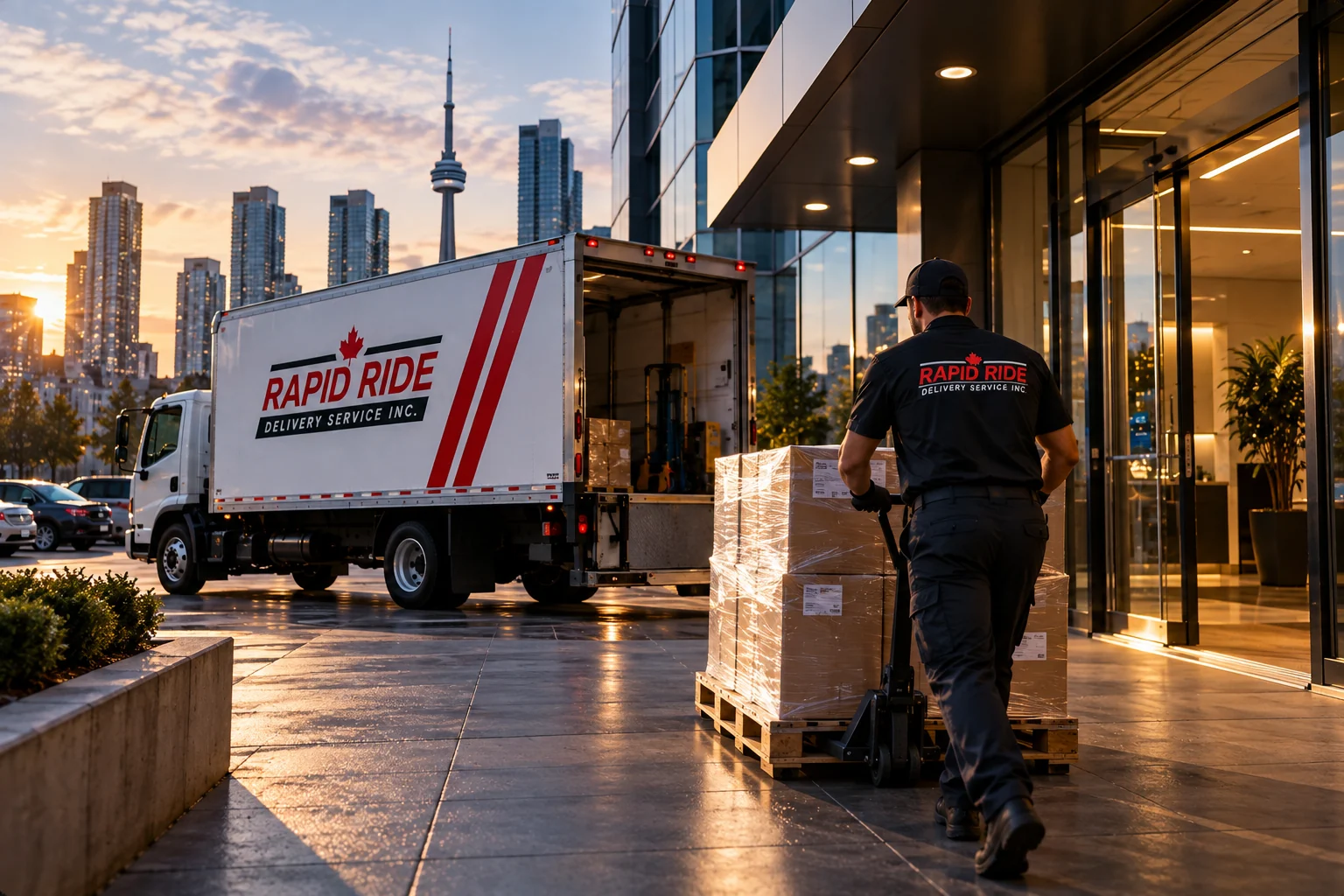Rapid Ride driver delivering a pallet to a downtown building