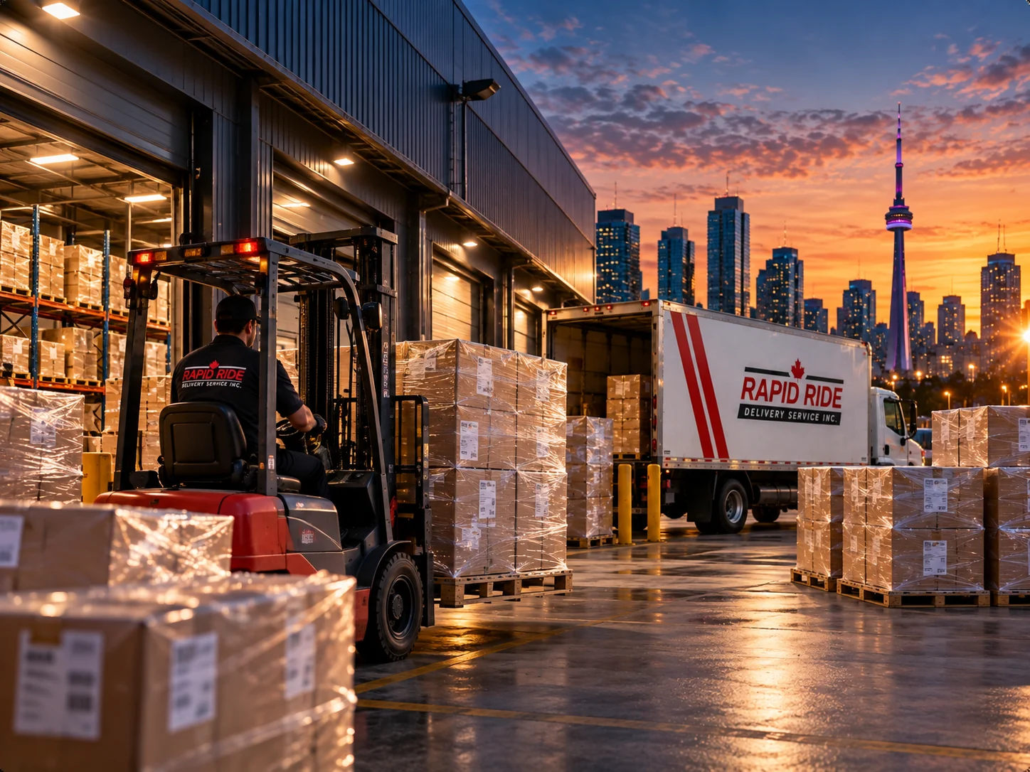 Forklift loading palletized freight onto a Rapid Ride truck