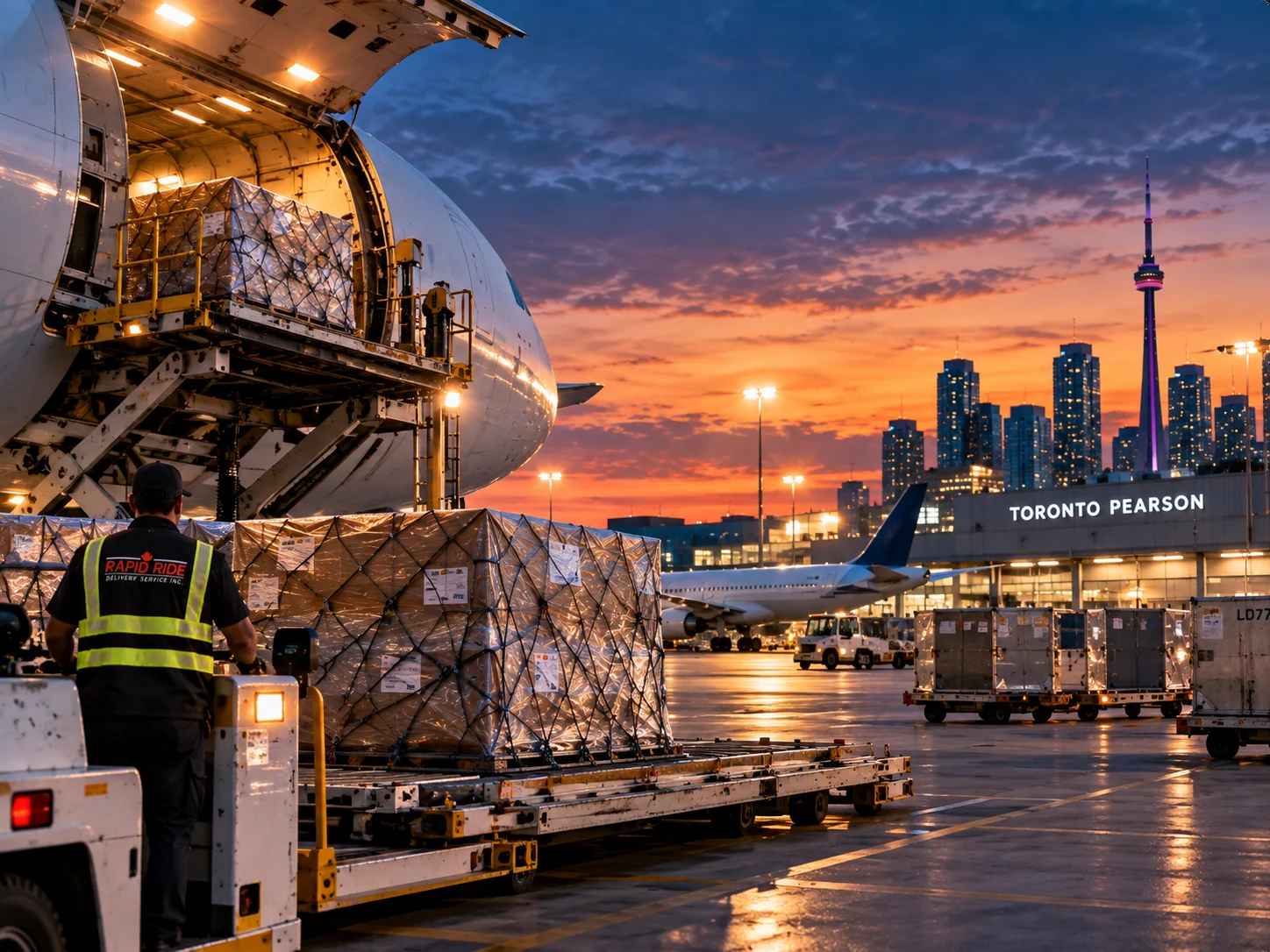 Air cargo being unloaded from a freighter aircraft