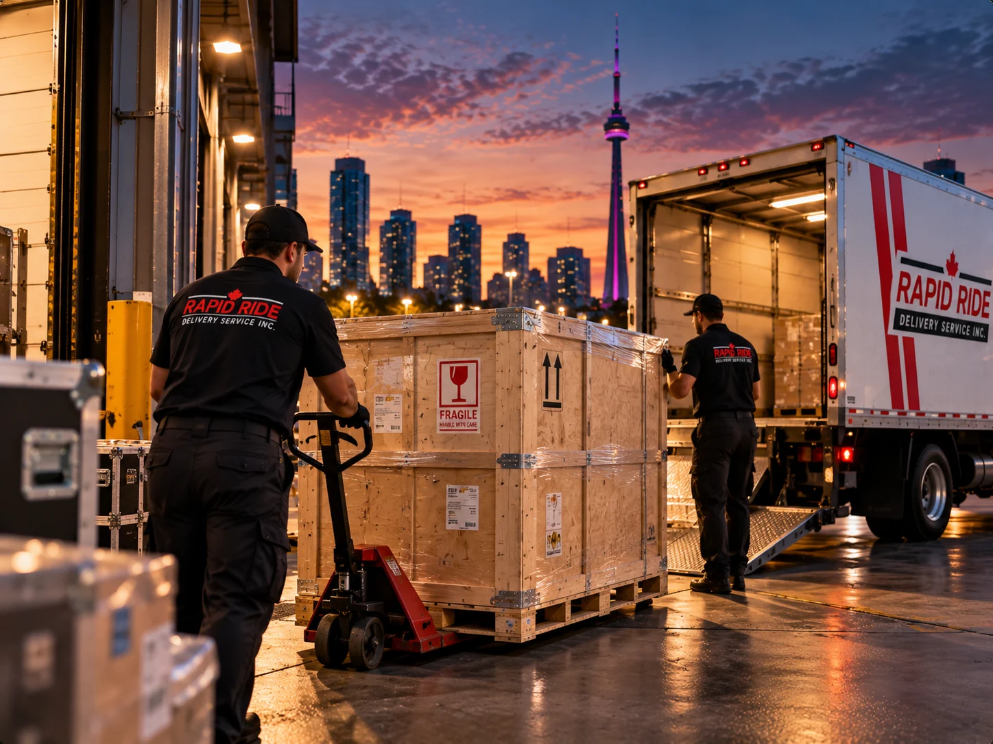 Rapid Ride crew moving a crated fragile shipment